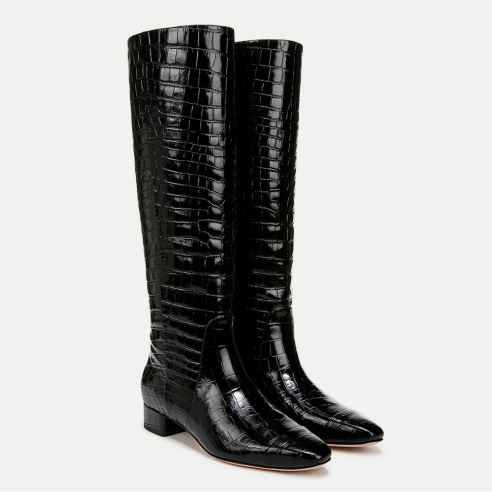 Veronica Beard Black Croc-Pattern Knee-High Boots